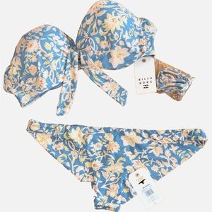 Billabong Blue Floral Bandeau Bikini Set Size XL 14 Tanga Bottoms NWT